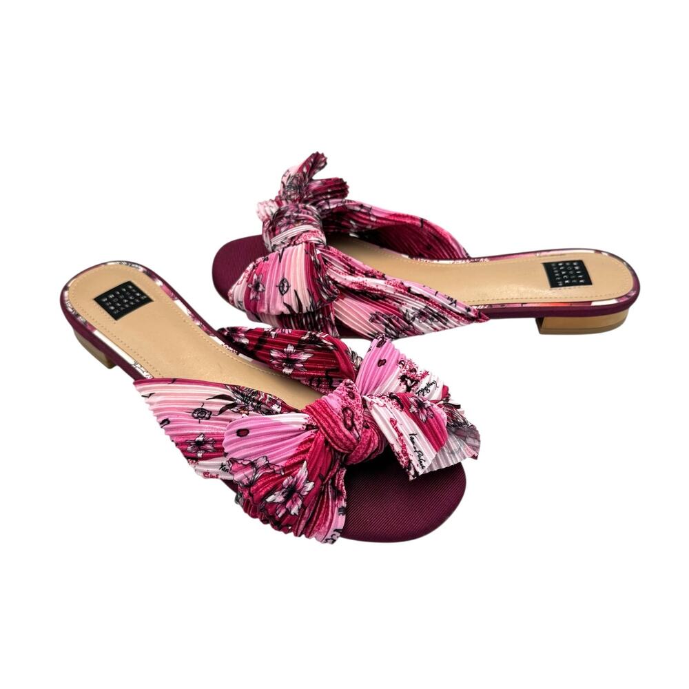 White House Black Market WHBM Pink Floral Crinkle Satin Bow Slide Sandals